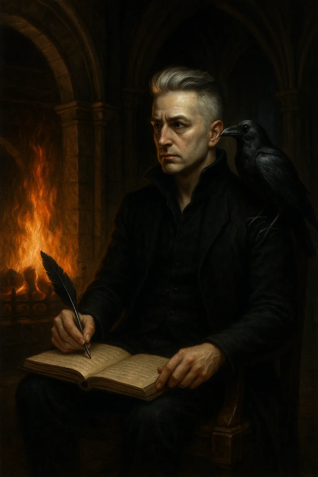 A gothic man sits by firelight with a raven on his shoulder, writing in a journal with a quill.